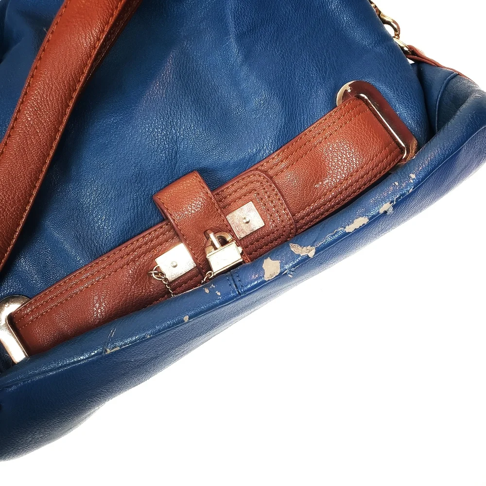Teal Blue and Brown Strapped Hobo Gold Hardware Bag